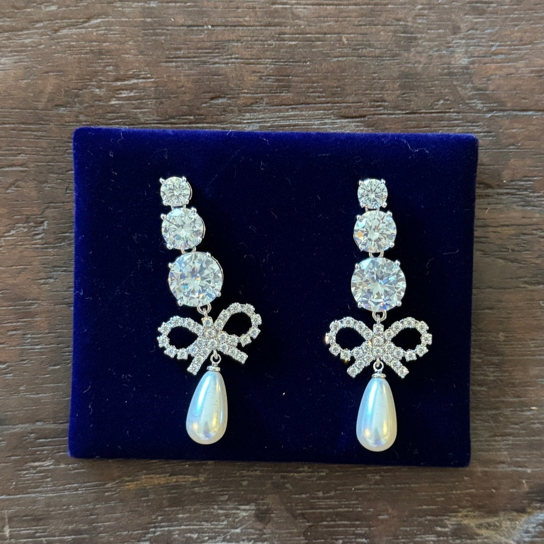 Crystal Bow Pearl Earrings