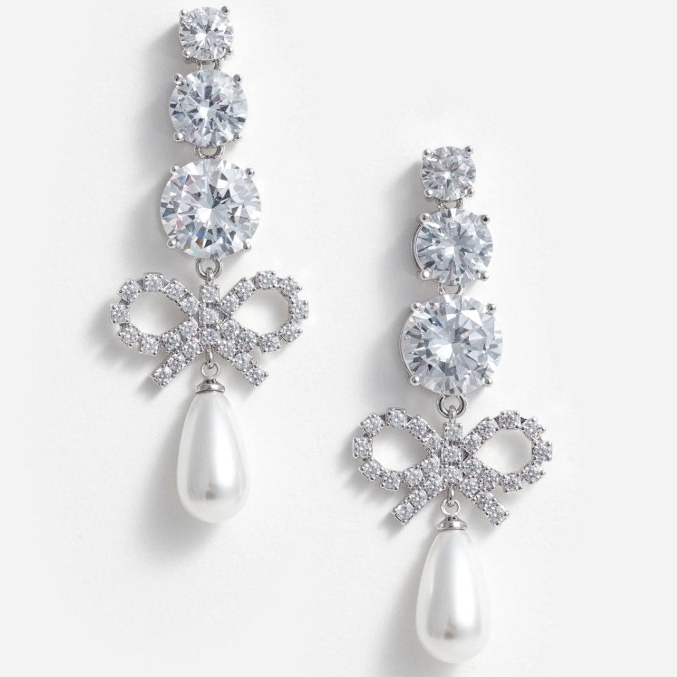 Crystal Bow Pearl Earrings
