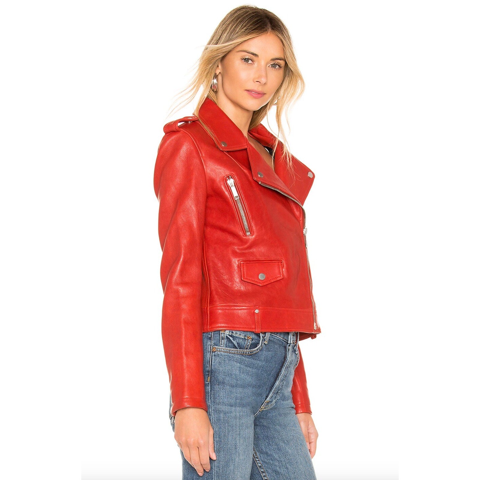 Dre Beltless Red Biker Leather Jacket