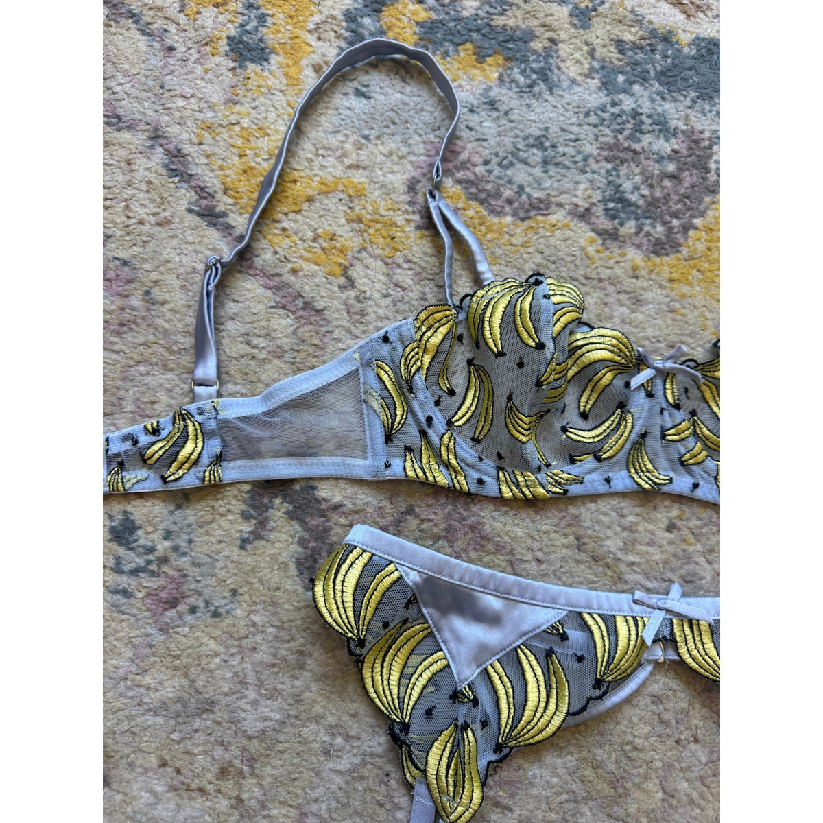 Banana Embroidery Balconette Bra, Tanga, & Garter Belt SET