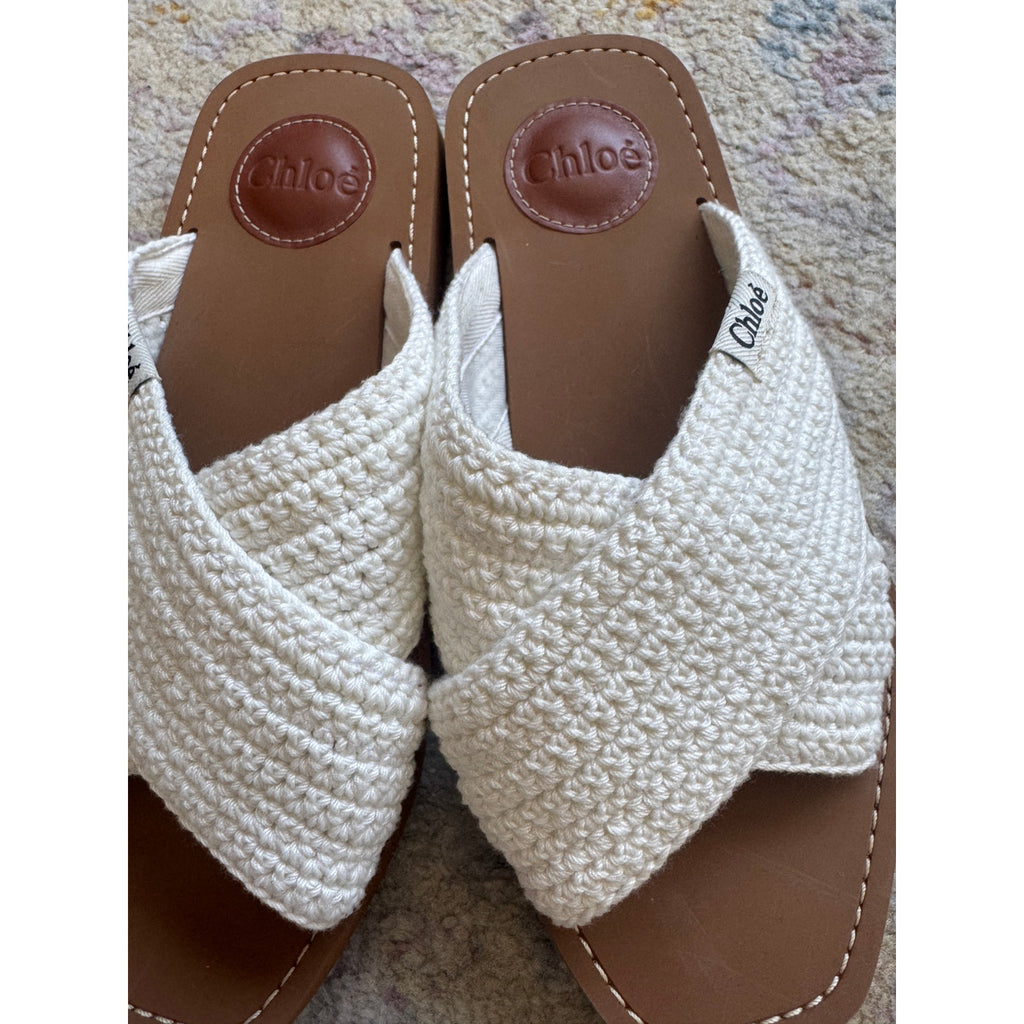 White Crochet Woody Flat Slides Sandals