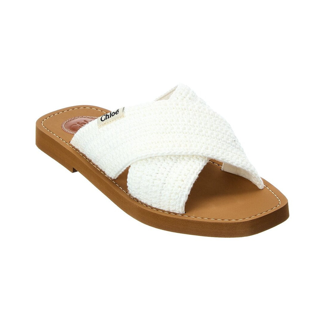 White Crochet Woody Flat Slides Sandals