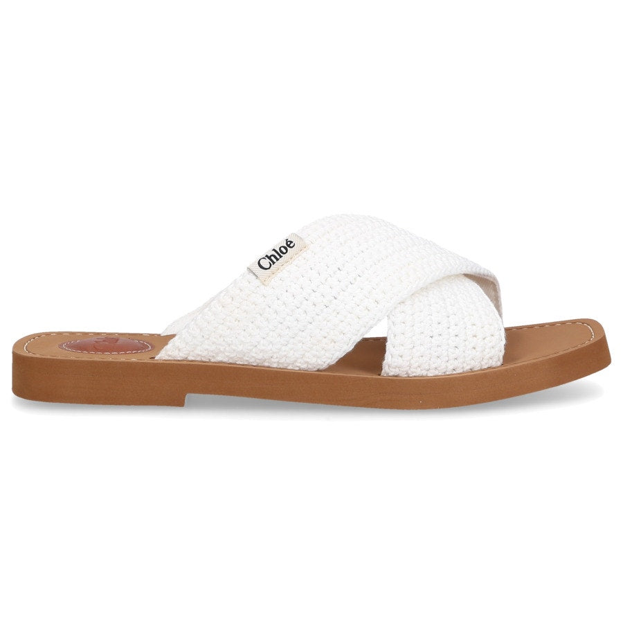 White Crochet Woody Flat Slides Sandals