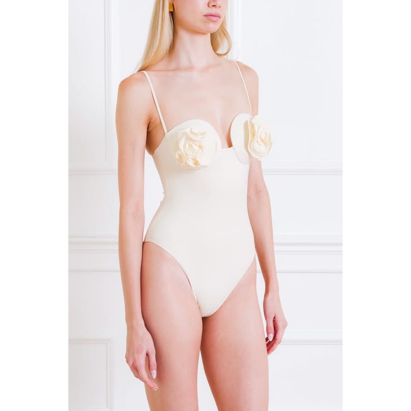 Lycra 3D Floral Roses Appliqué One Piece Swimsuit