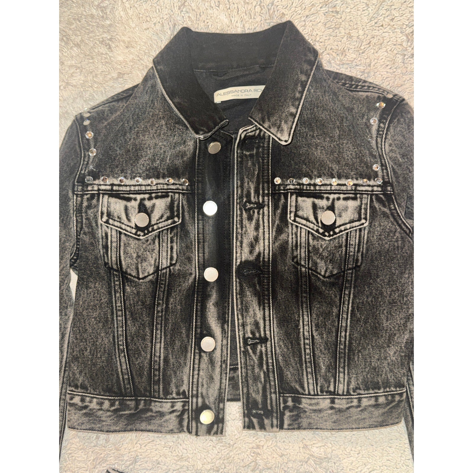 Crystal-Embellished Acid-Wash Denim Jacket & Mini Skirt Set