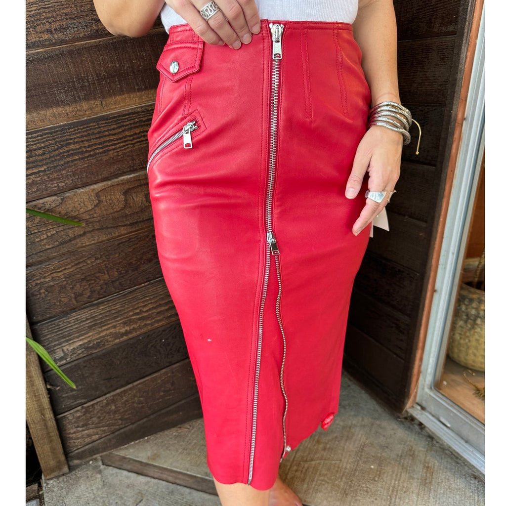 Zip-Embellished Leather Midi Skirt