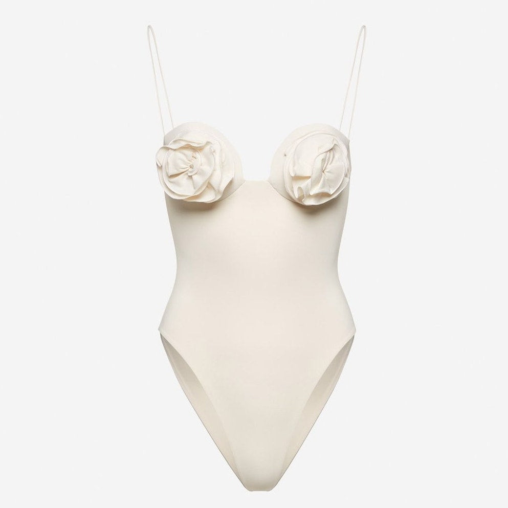 Lycra 3D Floral Roses Appliqué One Piece Swimsuit