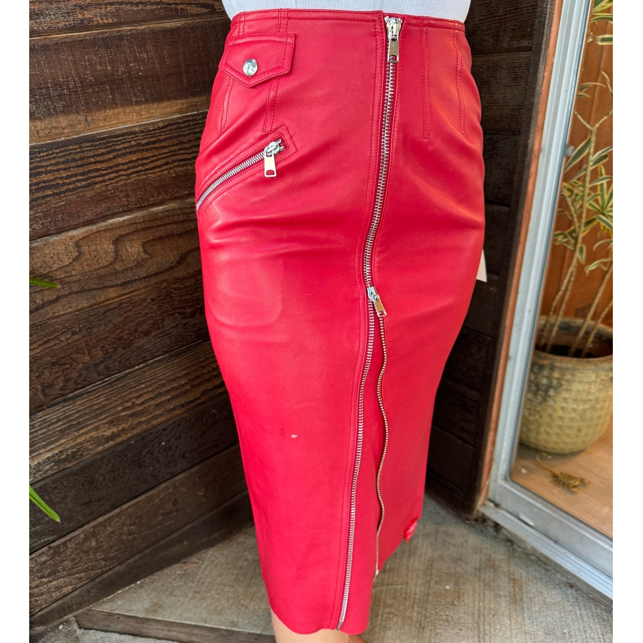 Zip-Embellished Leather Midi Skirt