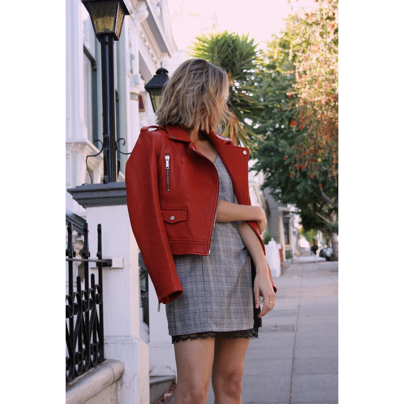 Dre Beltless Red Biker Leather Jacket