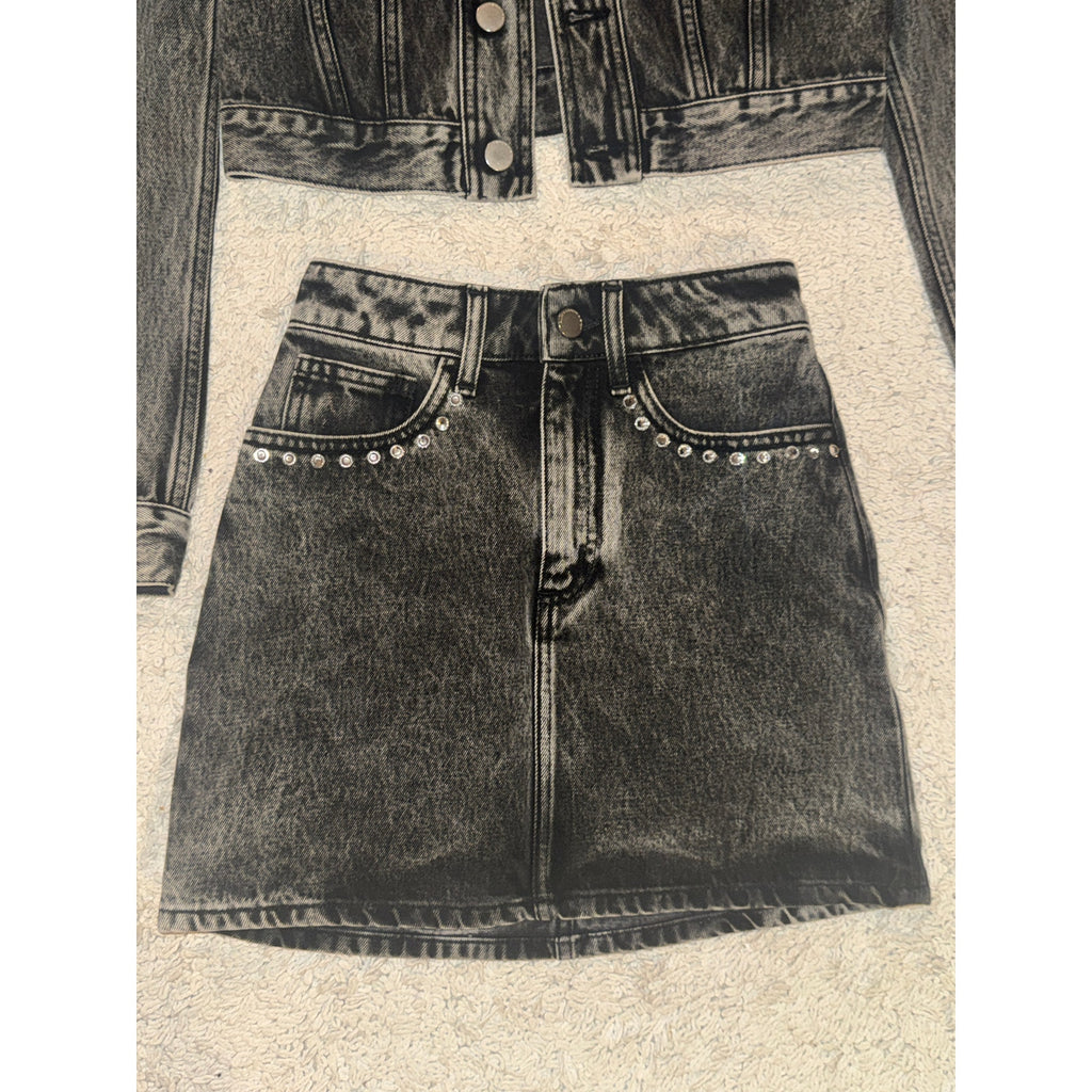 Crystal-Embellished Acid-Wash Denim Jacket & Mini Skirt Set