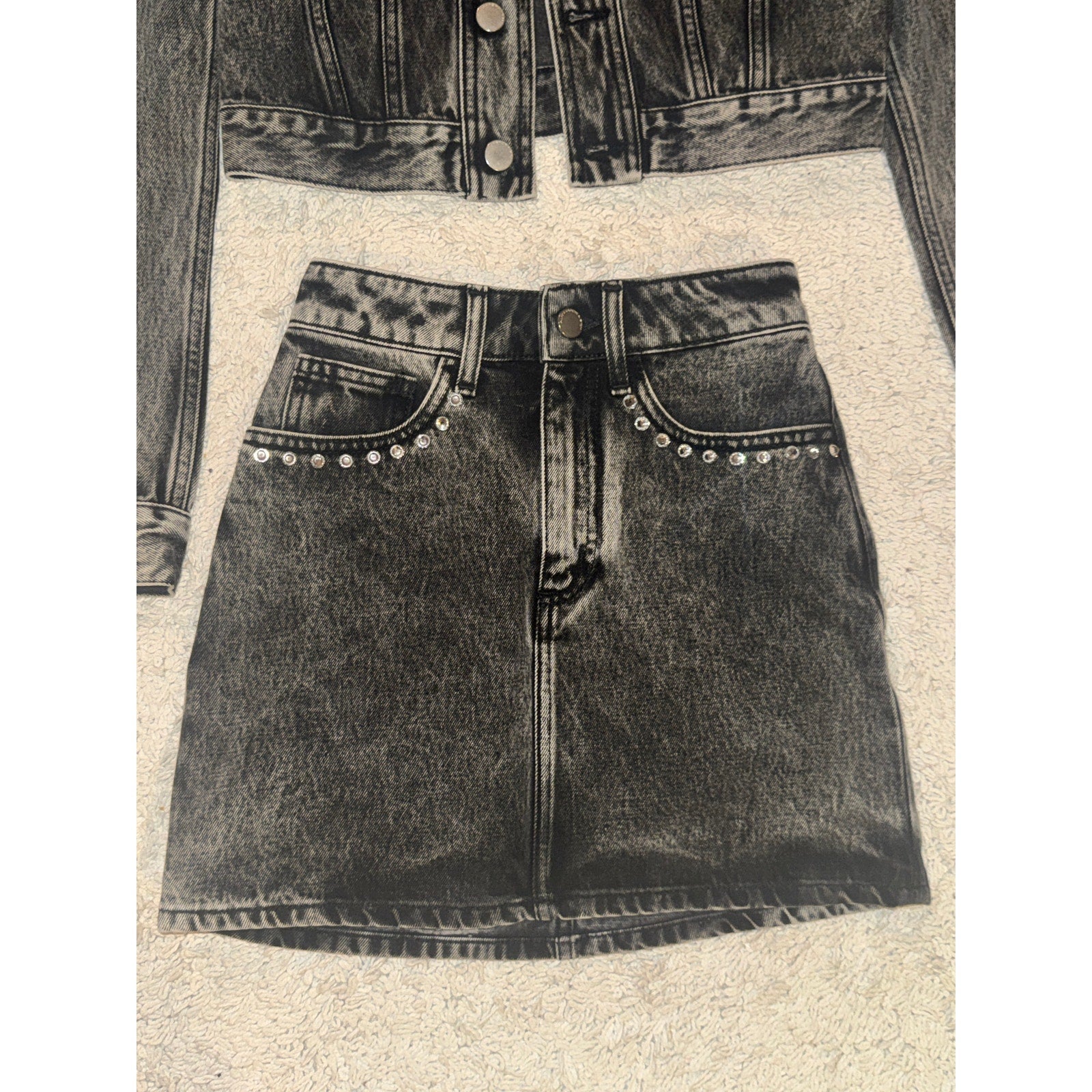 Crystal-Embellished Acid-Wash Denim Jacket & Mini Skirt Set