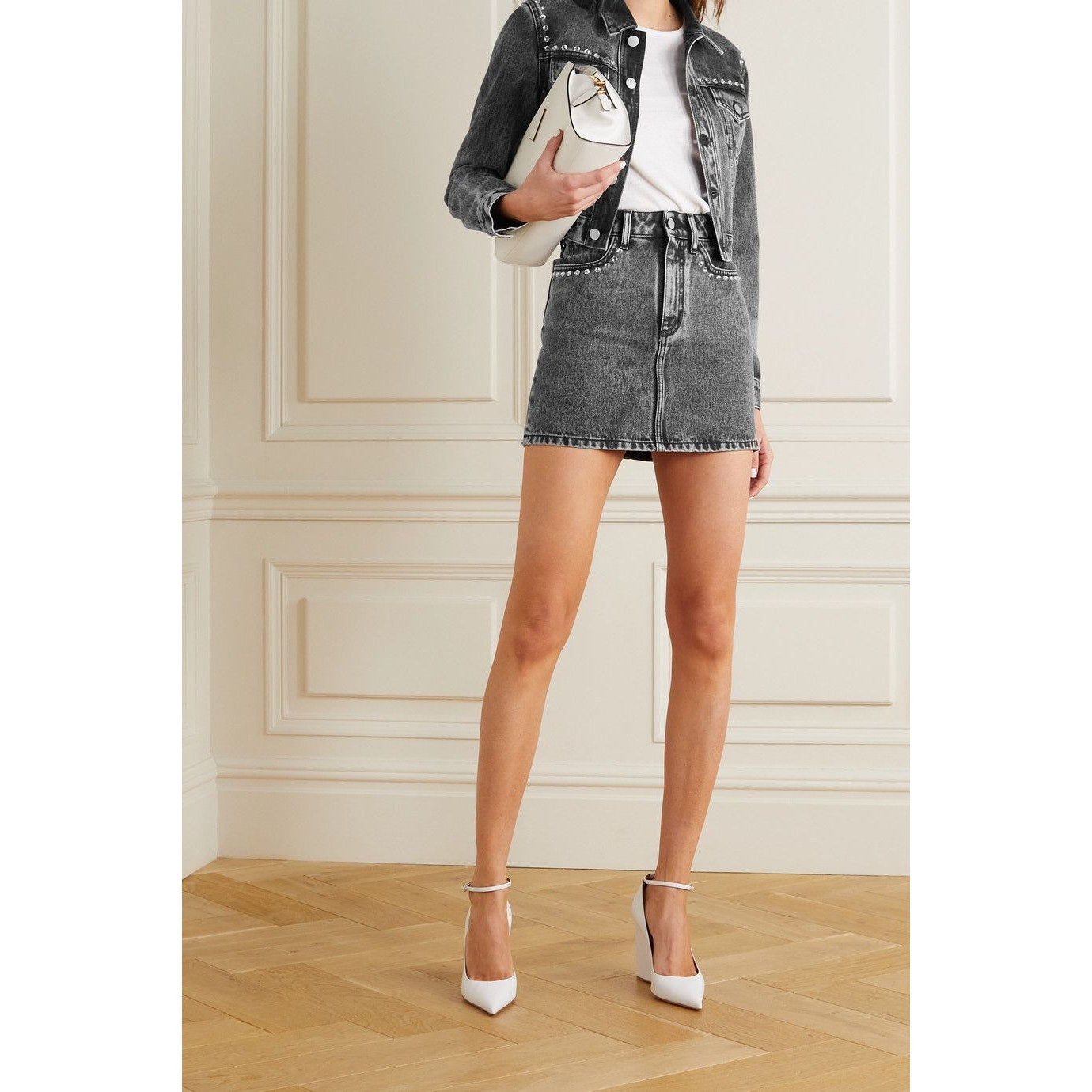 Crystal-Embellished Acid-Wash Denim Jacket & Mini Skirt Set