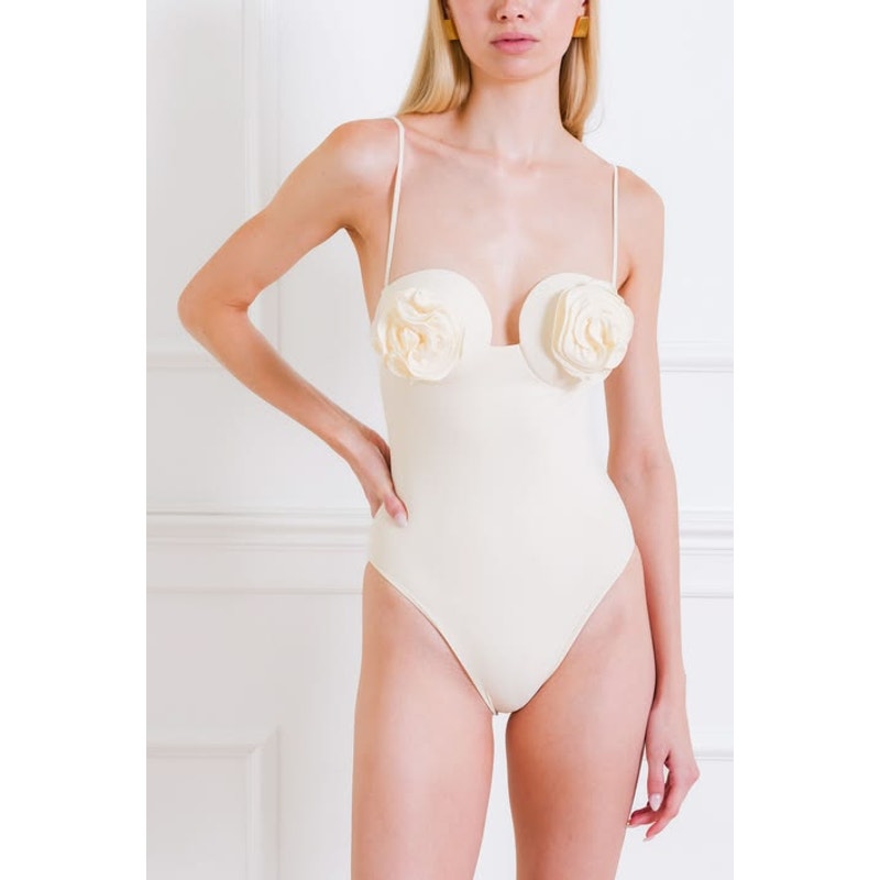 Lycra 3D Floral Roses Appliqué One Piece Swimsuit