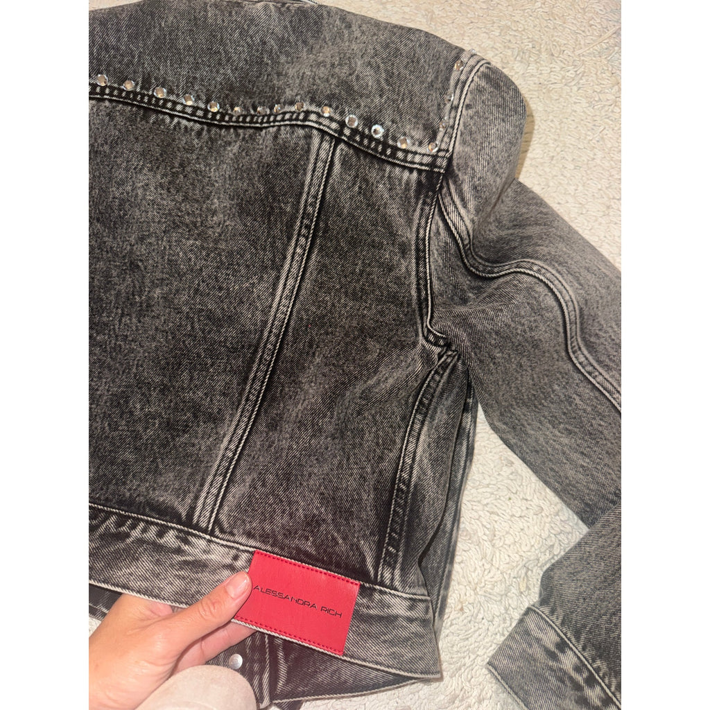 Crystal-Embellished Acid-Wash Denim Jacket & Mini Skirt Set