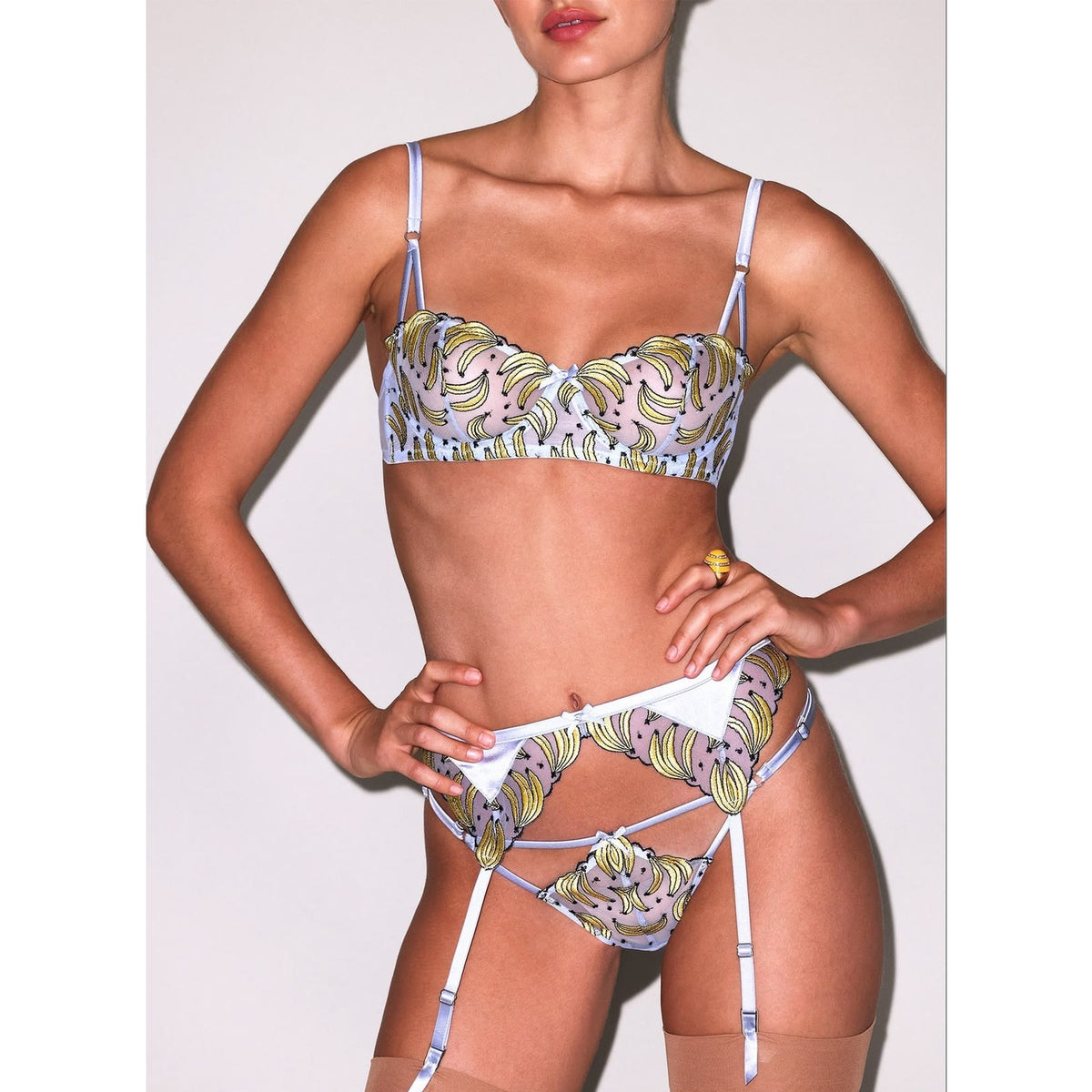 Banana Embroidery Balconette Bra, Tanga, & Garter Belt SET