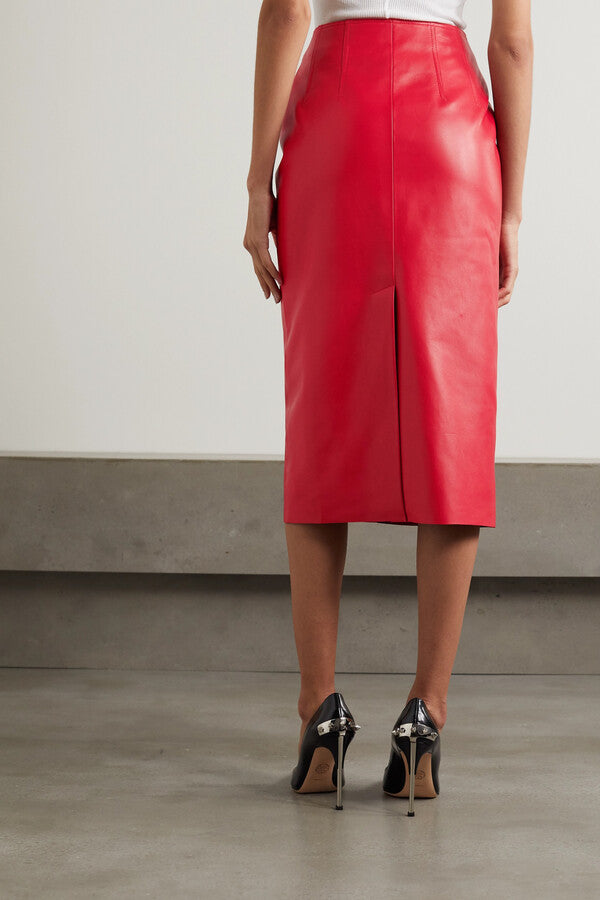 Zip-Embellished Leather Midi Skirt