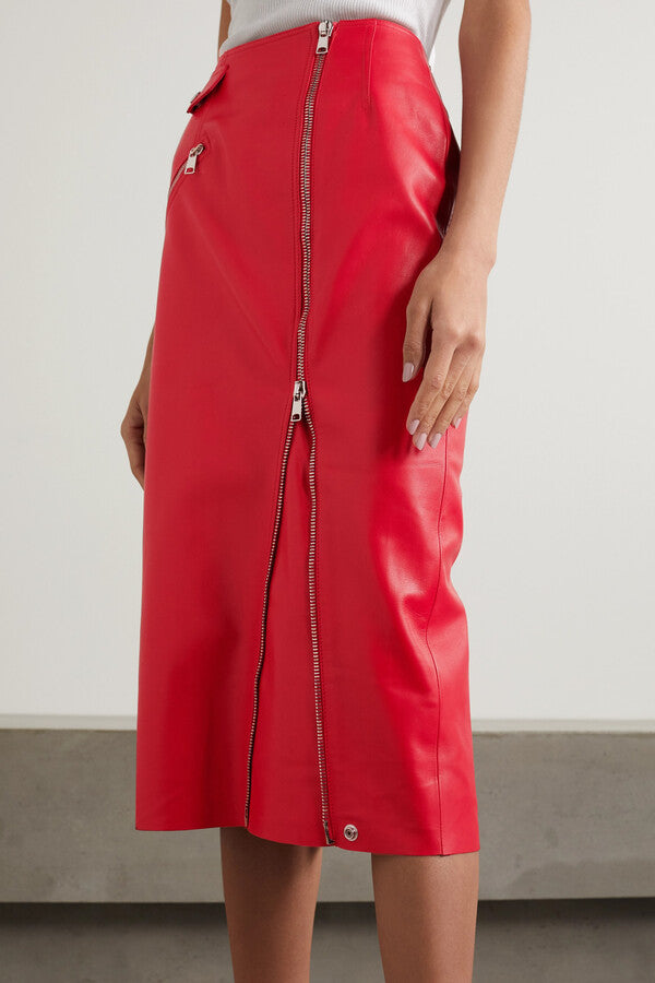 Zip-Embellished Leather Midi Skirt