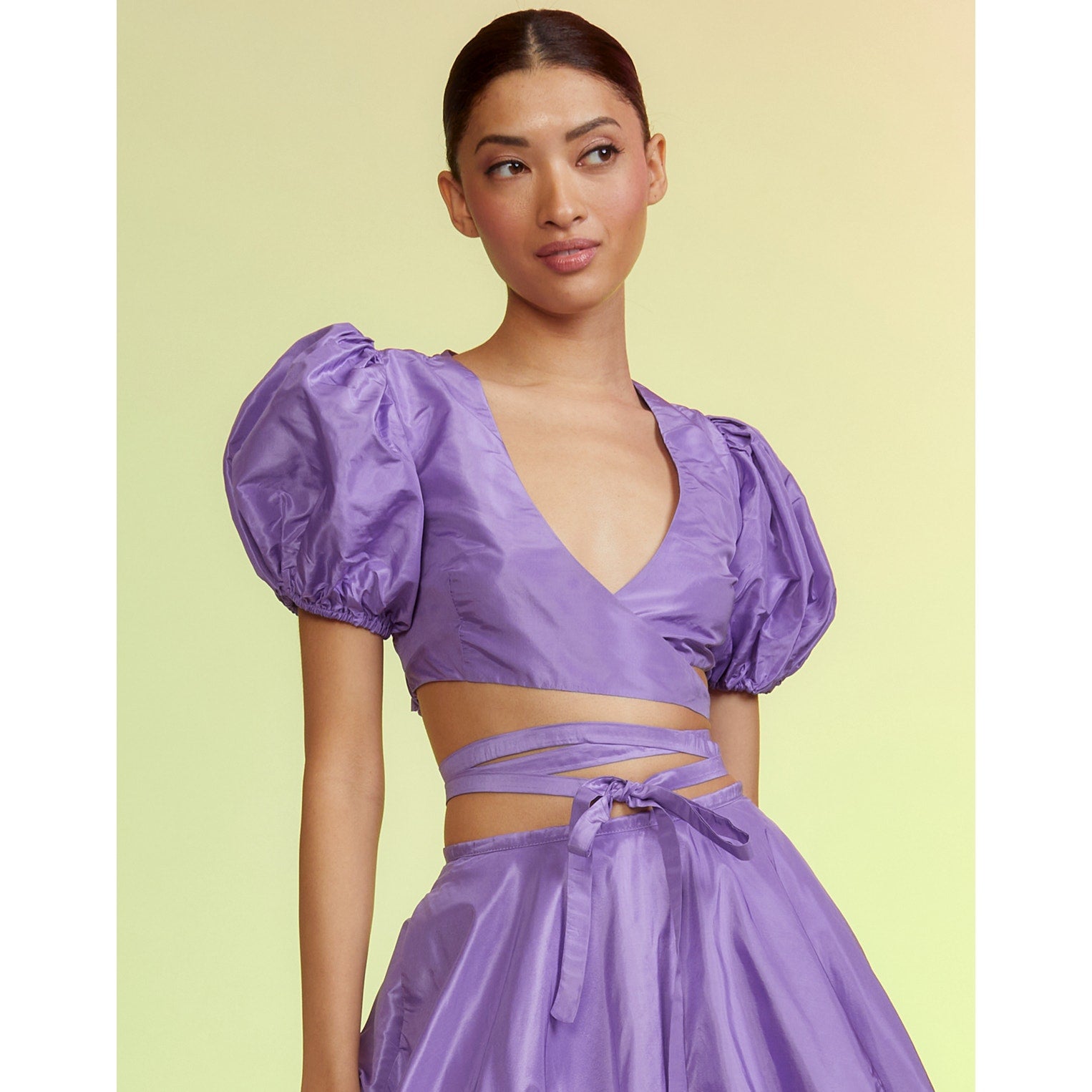 Luna Taffeta Smocked Wrap Tie Top & Bubble Skirt in Purple