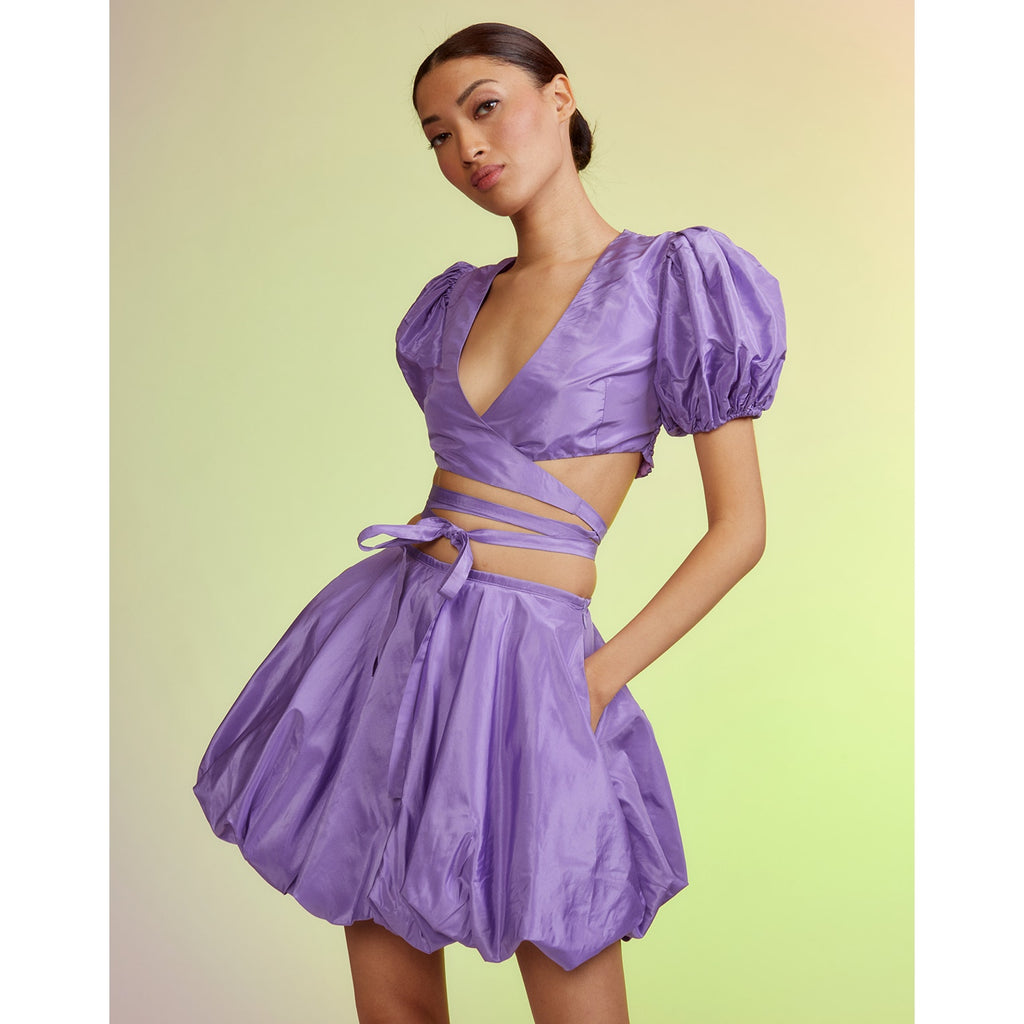 Luna Taffeta Smocked Wrap Tie Top & Bubble Skirt in Purple