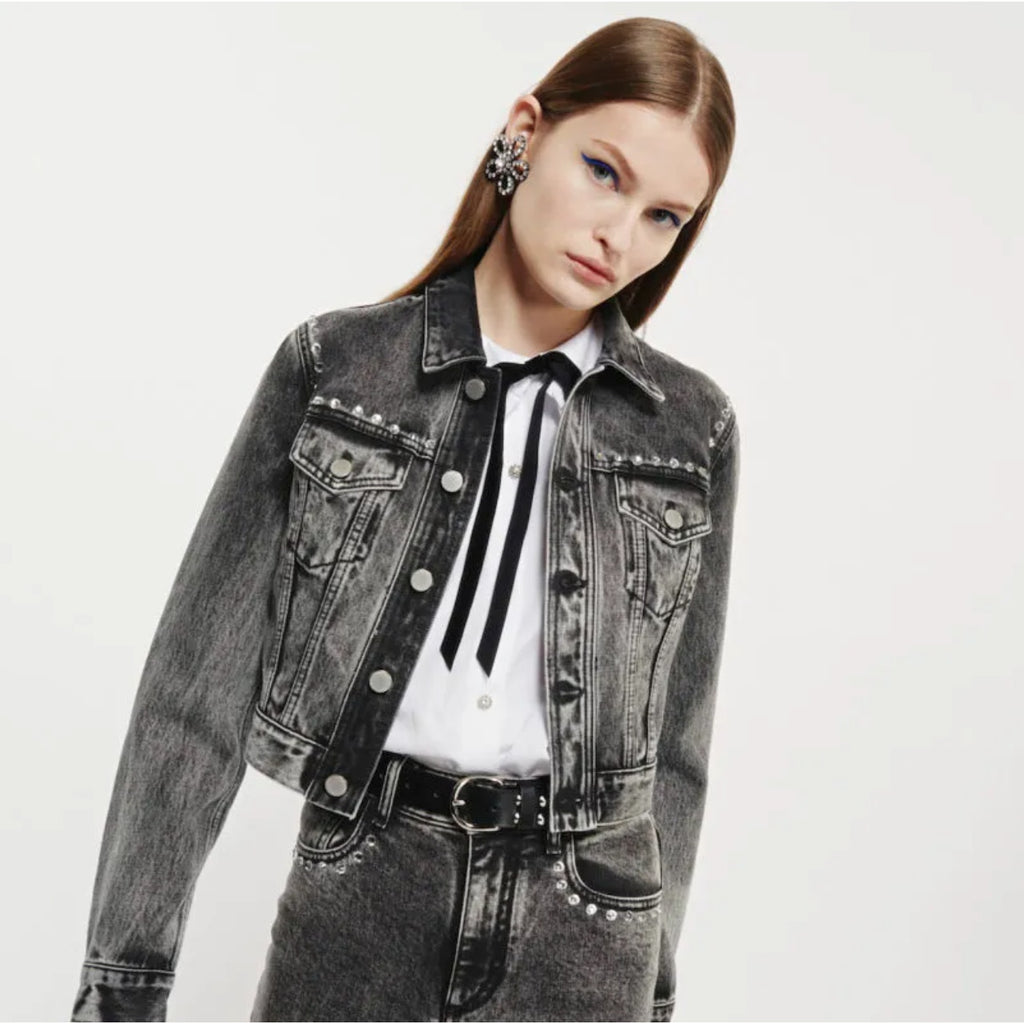 Crystal-Embellished Acid-Wash Denim Jacket & Mini Skirt Set