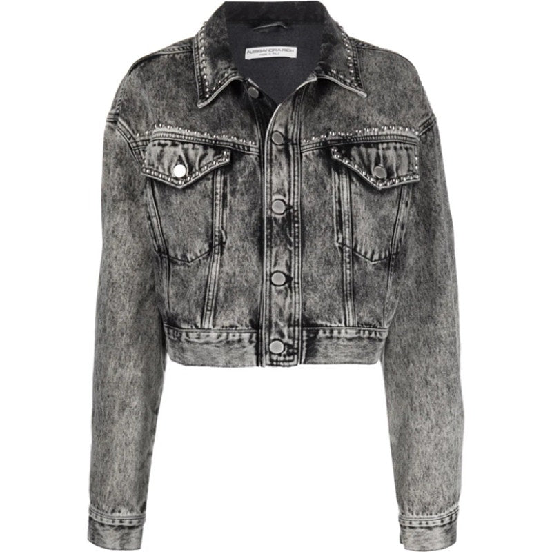Crystal-Embellished Acid-Wash Denim Jacket & Mini Skirt Set