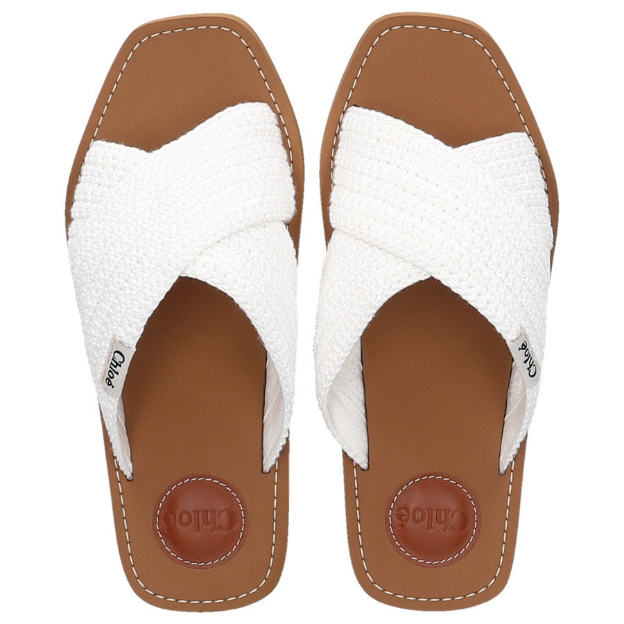 White Crochet Woody Flat Slides Sandals