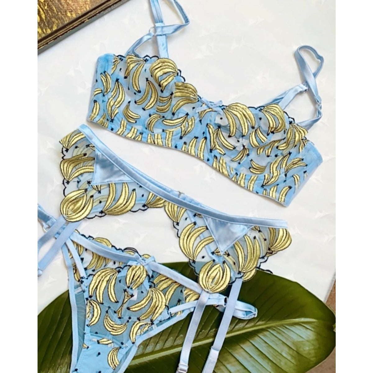 Banana Embroidery Balconette Bra, Tanga, & Garter Belt SET