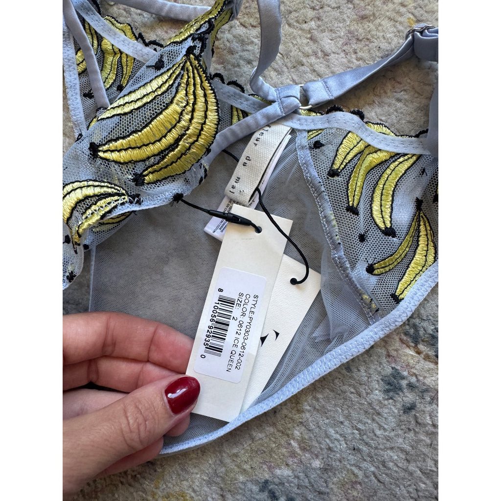 Banana Embroidery Balconette Bra, Tanga, & Garter Belt SET