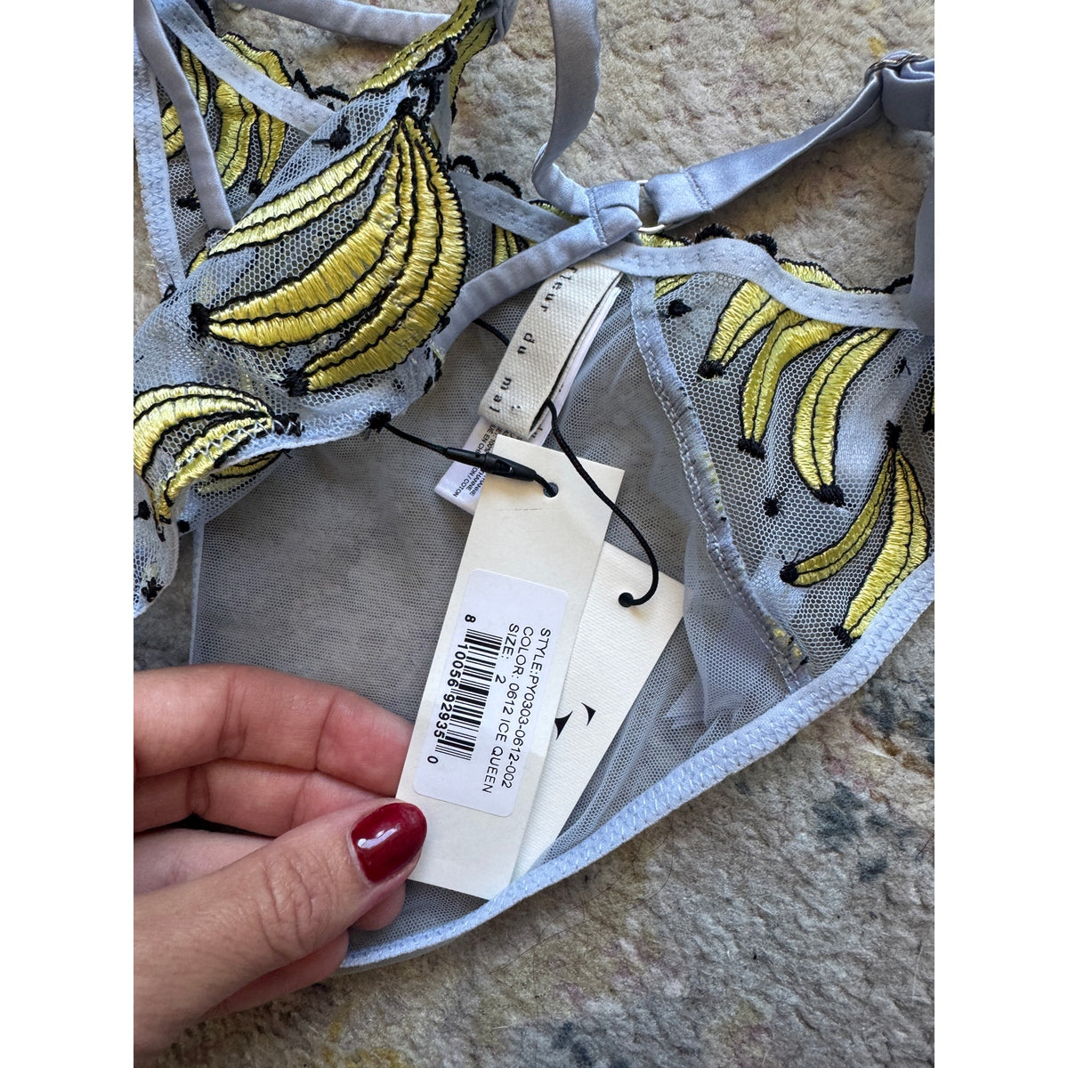Banana Embroidery Balconette Bra, Tanga, & Garter Belt SET