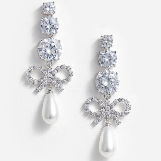 Crystal Bow Pearl Earrings