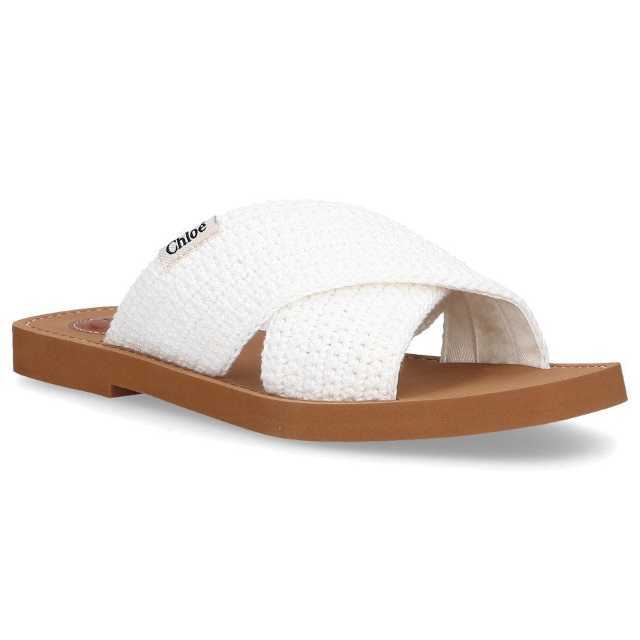 White Crochet Woody Flat Slides Sandals