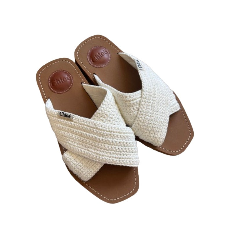 White Crochet Woody Flat Slides Sandals