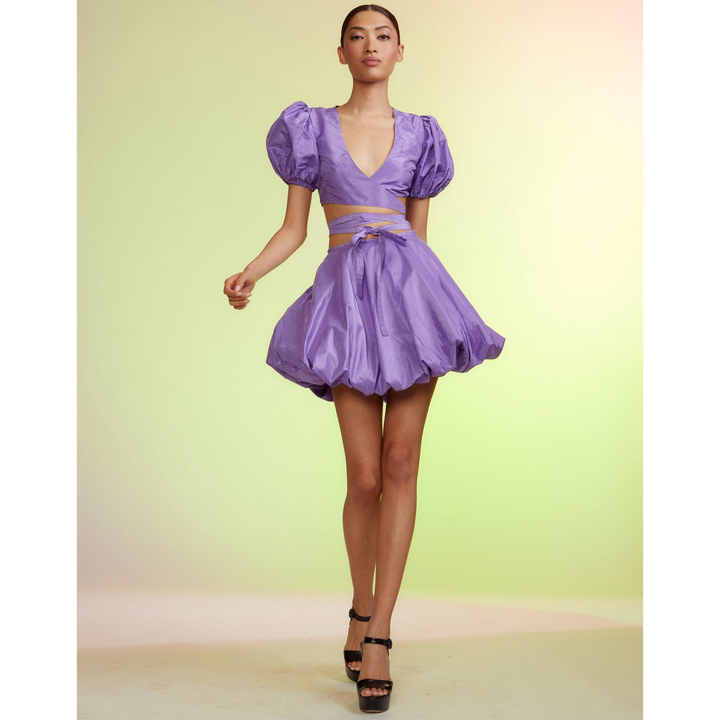 Luna Taffeta Smocked Wrap Tie Top & Bubble Skirt in Purple