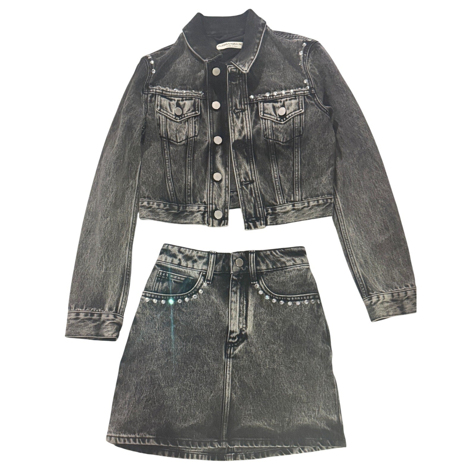 Crystal-Embellished Acid-Wash Denim Jacket & Mini Skirt Set
