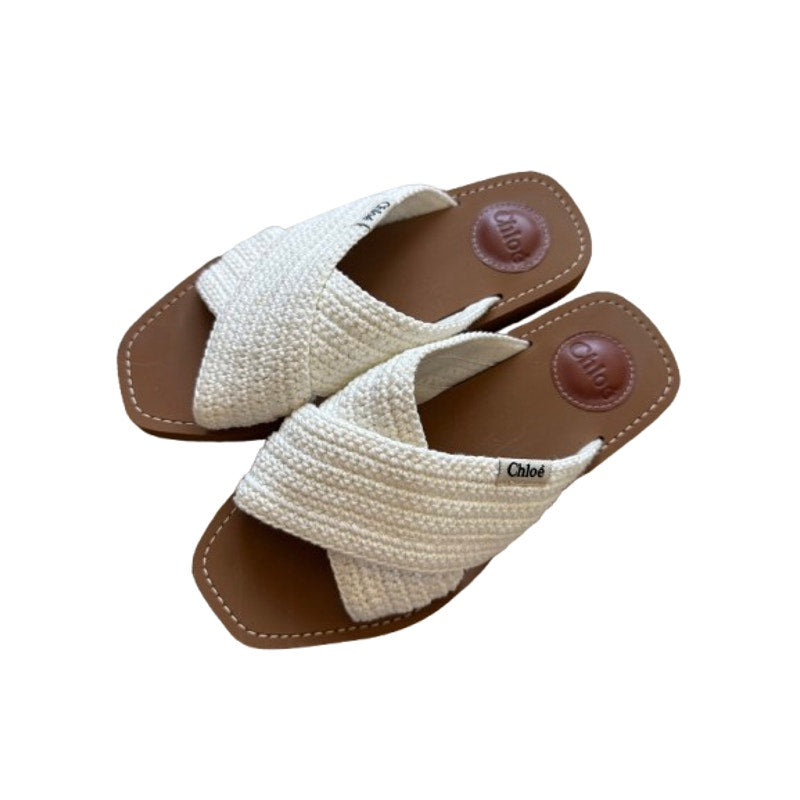 White Crochet Woody Flat Slides Sandals