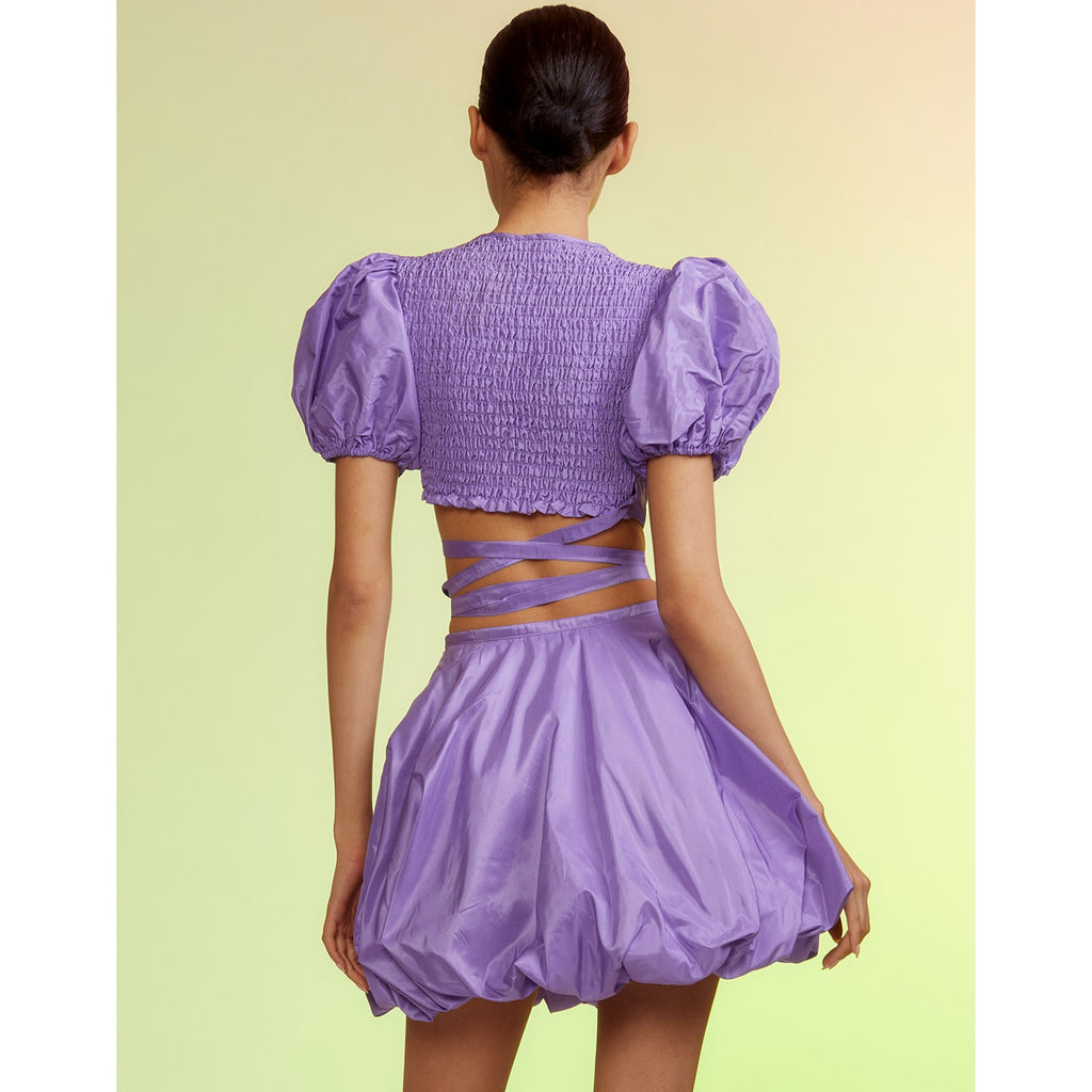 Luna Taffeta Smocked Wrap Tie Top & Bubble Skirt in Purple