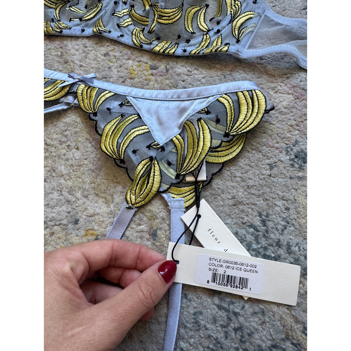 Banana Embroidery Balconette Bra, Tanga, & Garter Belt SET
