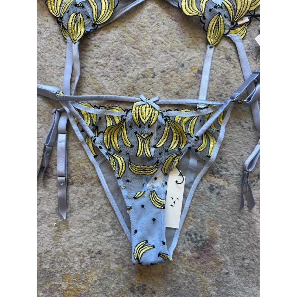 Banana Embroidery Balconette Bra, Tanga, & Garter Belt SET