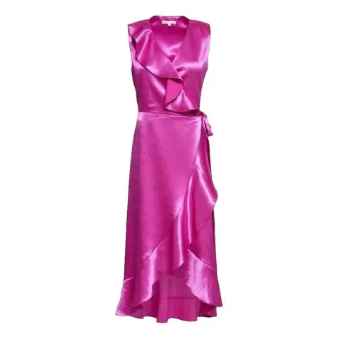 Ripple Ruffle Detail Satin Wrap Dress