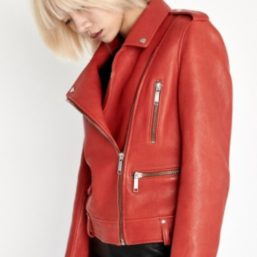 Dre Beltless Red Biker Leather Jacket