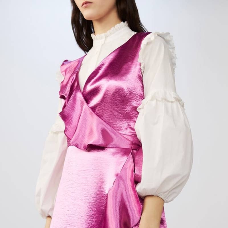 Ripple Ruffle Detail Satin Wrap Dress