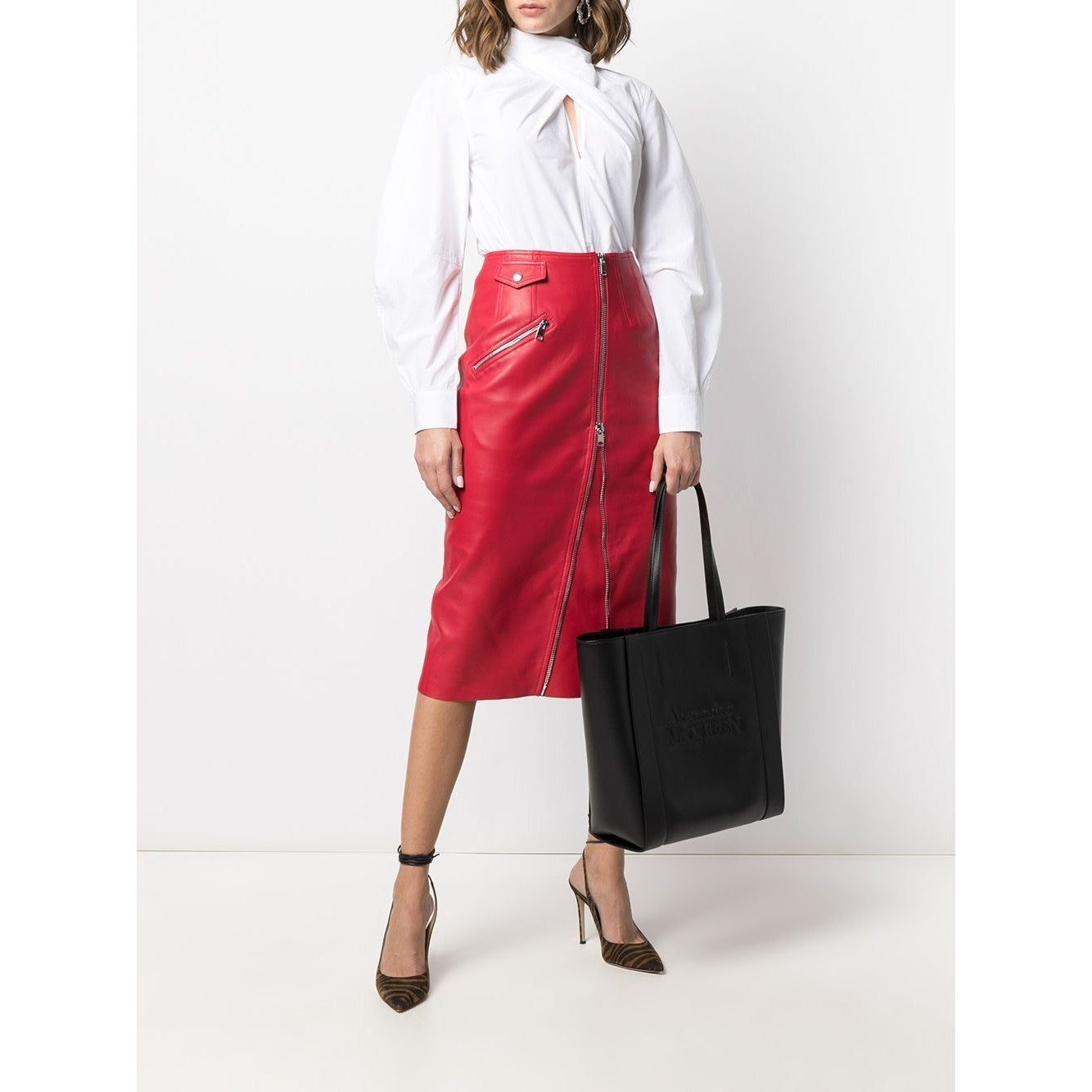 Zip-Embellished Leather Midi Skirt