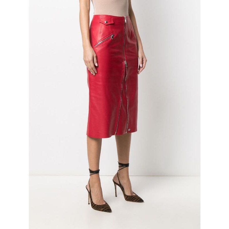 Zip-Embellished Leather Midi Skirt