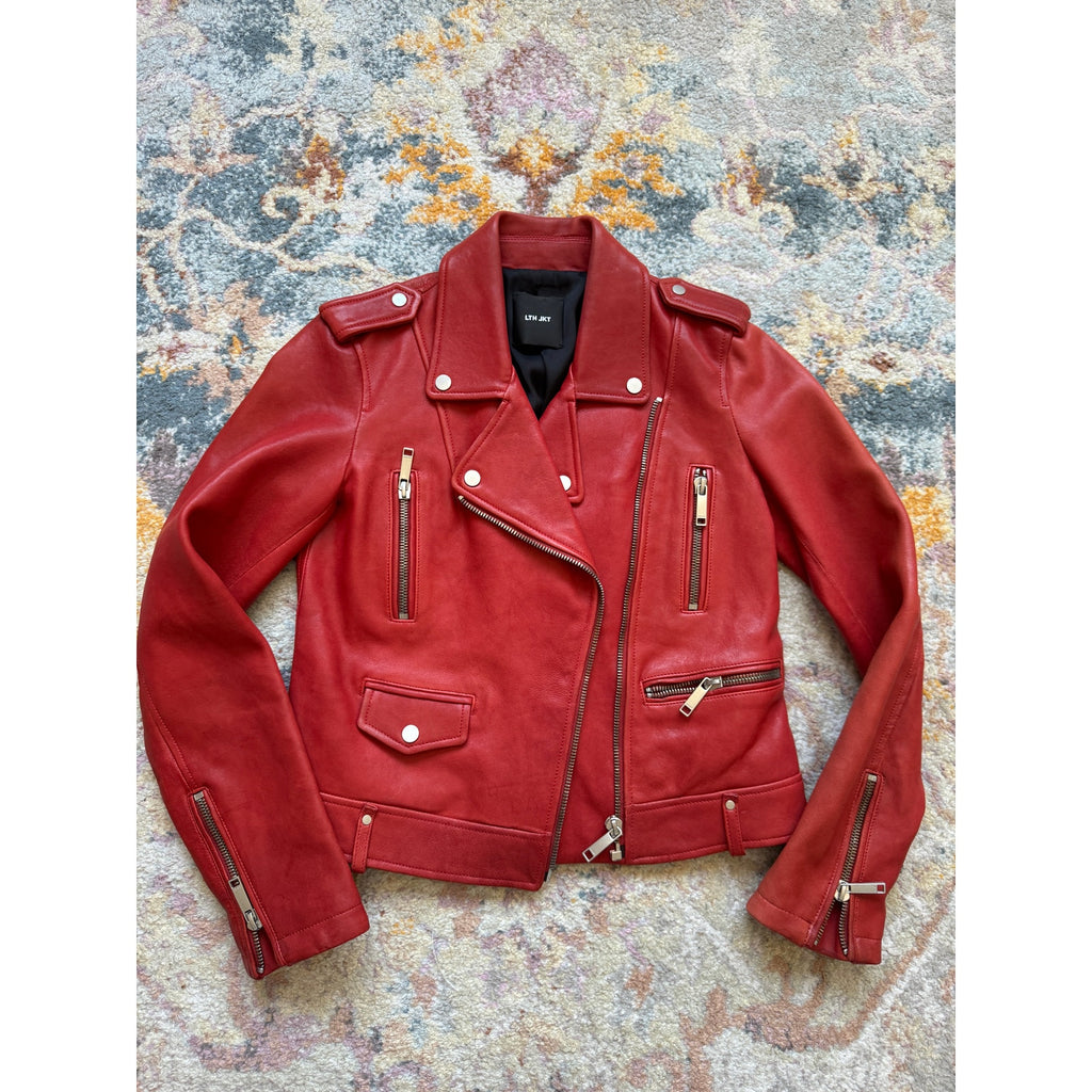 Dre Beltless Red Biker Leather Jacket