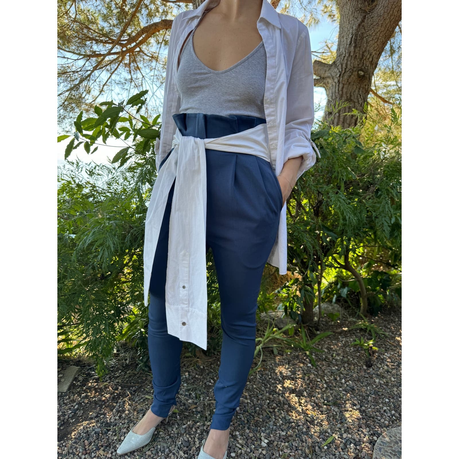 High Waist Tie Sleeve Tuxedo Pant