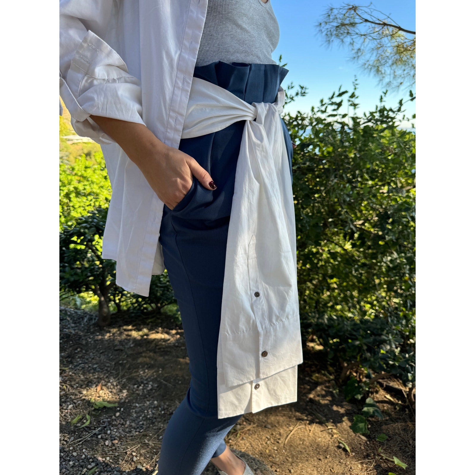 High Waist Tie Sleeve Tuxedo Pant