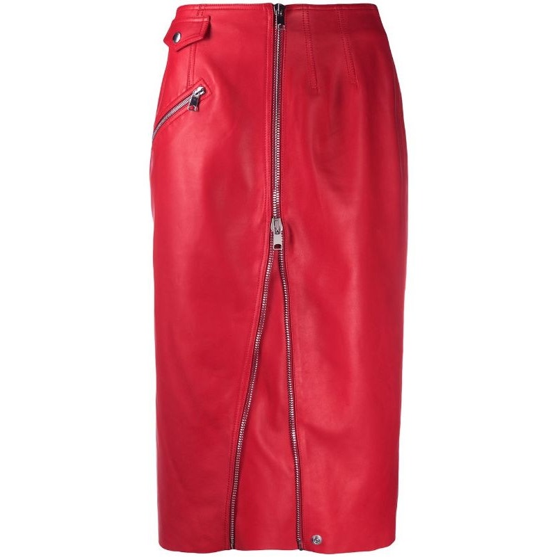 Zip-Embellished Leather Midi Skirt