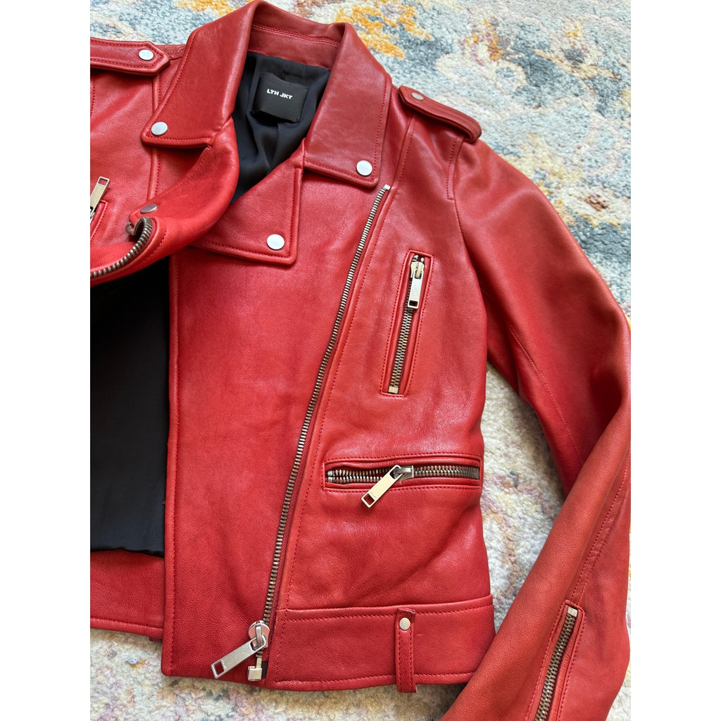 Dre Beltless Red Biker Leather Jacket