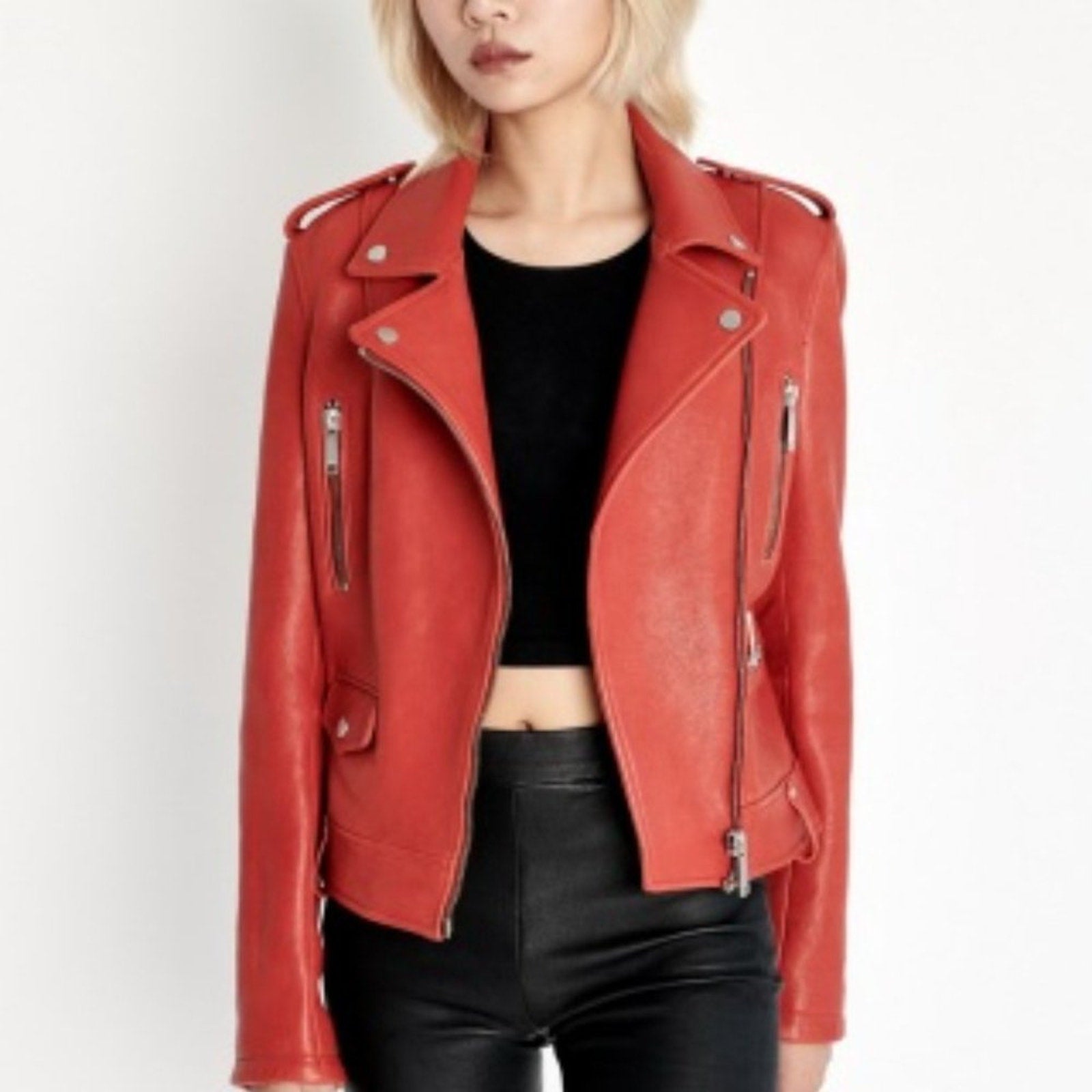 Dre Beltless Red Biker Leather Jacket