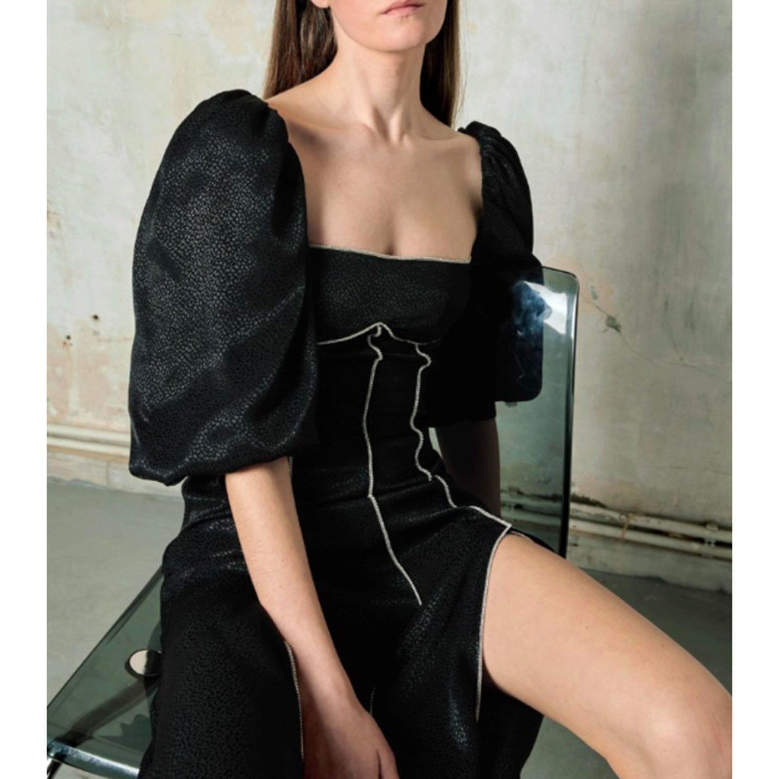 Embellished Puff Sleeve Midi Dress